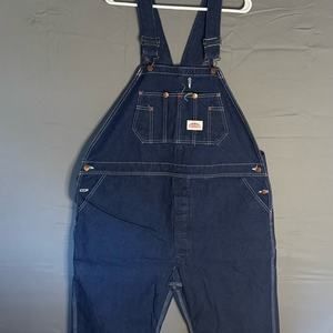 VINTAGE ROUNDHOUSE, MADE IN USA, ZIPPER FLY BLUE DENIM BIB OVERALLS, Men’s 48x28